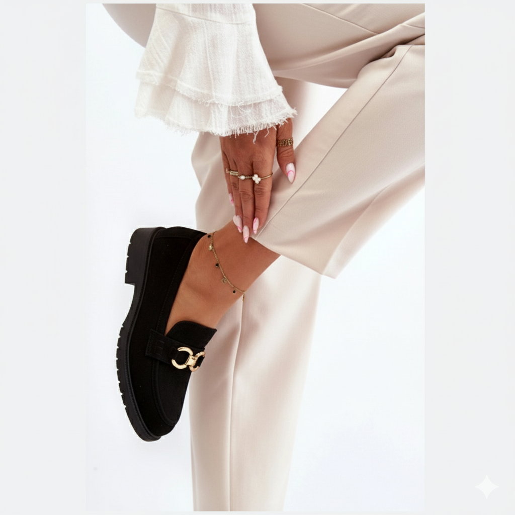 Loafers femmes –classique avec talon bas et boucle dorée