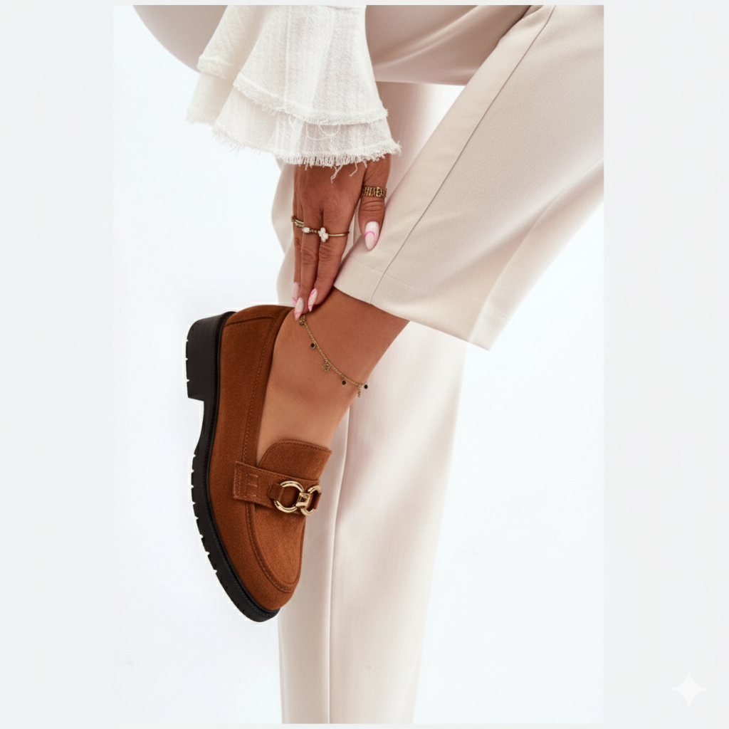 Loafers femmes –classique avec talon bas et boucle dorée