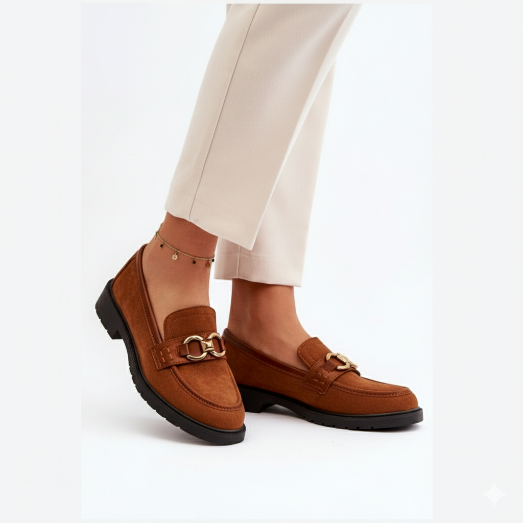 Loafers femmes –classique avec talon bas et boucle dorée
