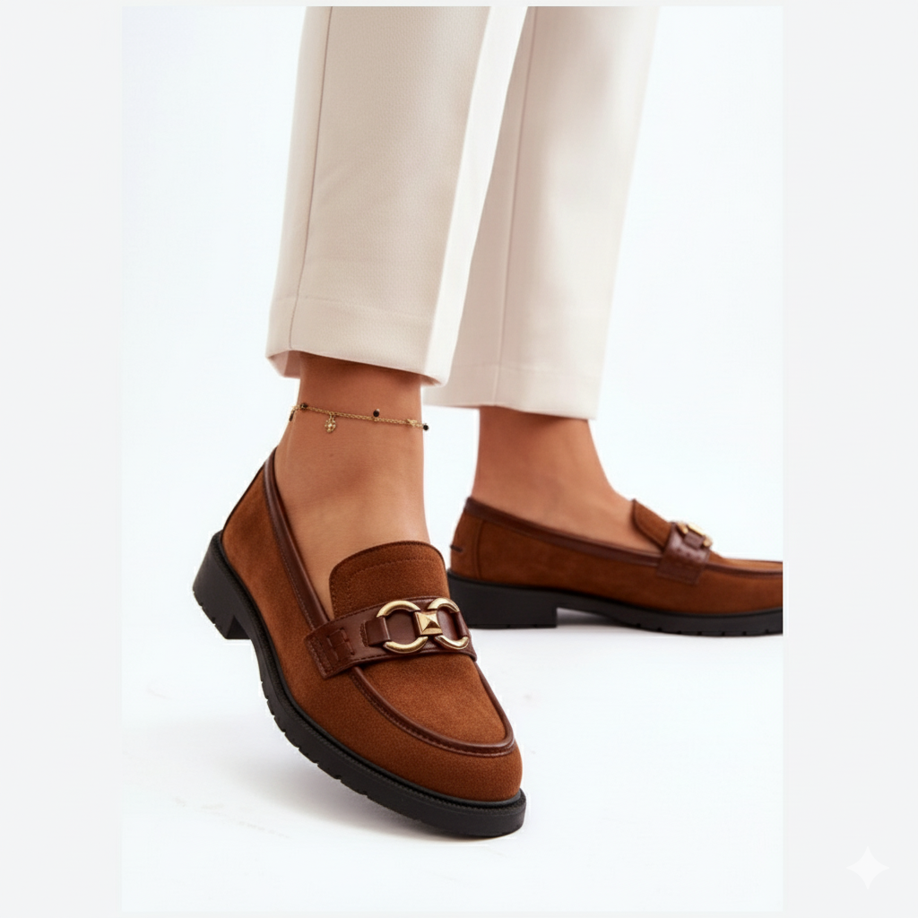 Loafers femmes –classique avec talon bas et boucle dorée